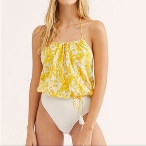 Free People Intimately Revolve Liza Yellow & White Floral Print Halter Bodysuit